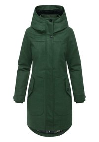 Groene wollen jas met hoge kraag, twee voorzakken, knoopsluiting en een gebogen zoom. Heeft een gestructureerde afwerking en een zachte voering.