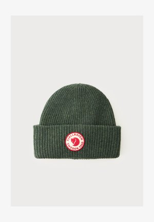 Ribbed dark green knit beanie with folded cuff featuring a round red and white Fjallraven Sweden 1960 logo patch on the front.