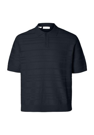 Navy polo shirt with short sleeves, featuring textured horizontal stripes, a classic collar, and two front buttons.