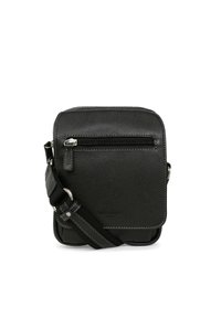 Borsa a tracolla nera in pelle con superficie testurizzata, tasca frontale con zip, tracolla regolabile e dettagli di cucitura discreti. Forma quadrata compatta.