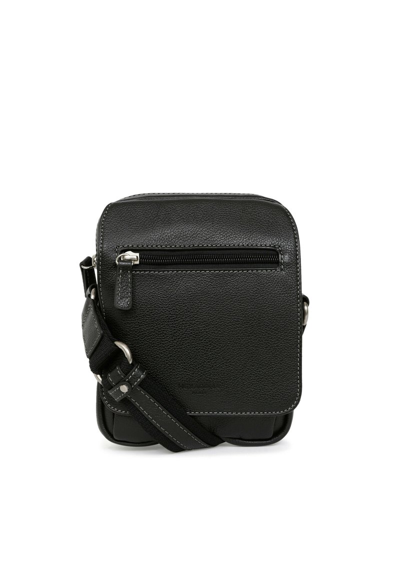 Borsa a tracolla nera in pelle con superficie testurizzata, tasca frontale con zip, tracolla regolabile e dettagli di cucitura discreti. Forma quadrata compatta.