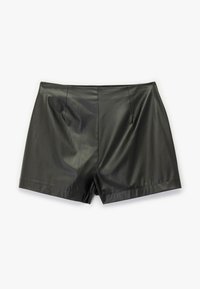 Zwarte leren shorts met een gladde textuur, met een nauwsluitende pasvorm, twee voorzakken en een opgerolde zoom. Geen zichtbare sluitingen of versieringen.