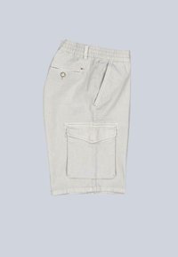 Light gray cargo shorts made of fabric with an elastic waistband and a large pocket on the side, featuring a contrasting button detail.