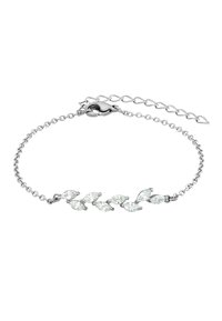 Silberarmband mit marquisenförmigen transparenten Steinen, die in einem Blattformmuster angeordnet sind, mit einem Karabinerverschluss und einer Verlängerungskette.