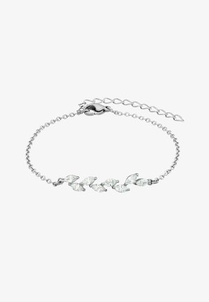 Bracelet en argent présentant des pierres transparentes taillées en marquise disposées en motif de feuille, avec un fermoir mousqueton et une chaîne d'extension.