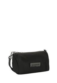 Black nylon cosmetic bag with zip closure and a faux leather plaque featuring "BOGNER" logo. Smooth texture and rectangular shape.