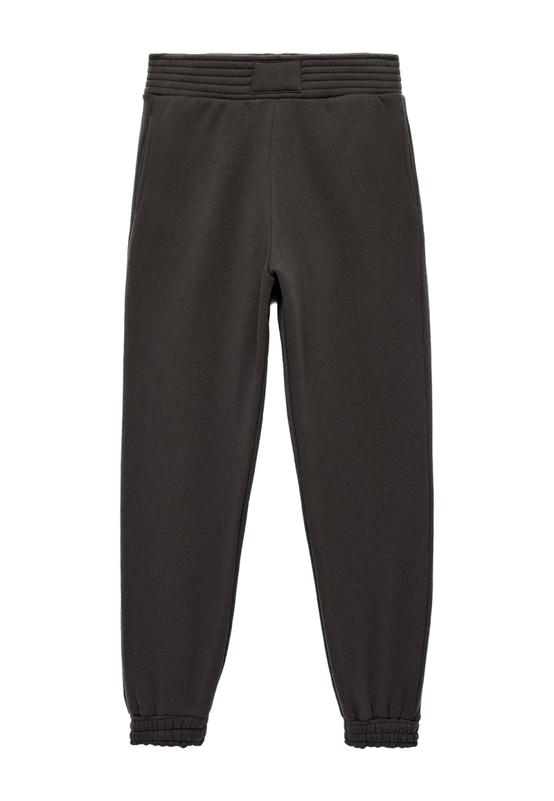 Mørkegrå, bomuldsblandede joggers med ribbet talje, elastiske manchetter og sidelommer. Glat overflade, tapered design.