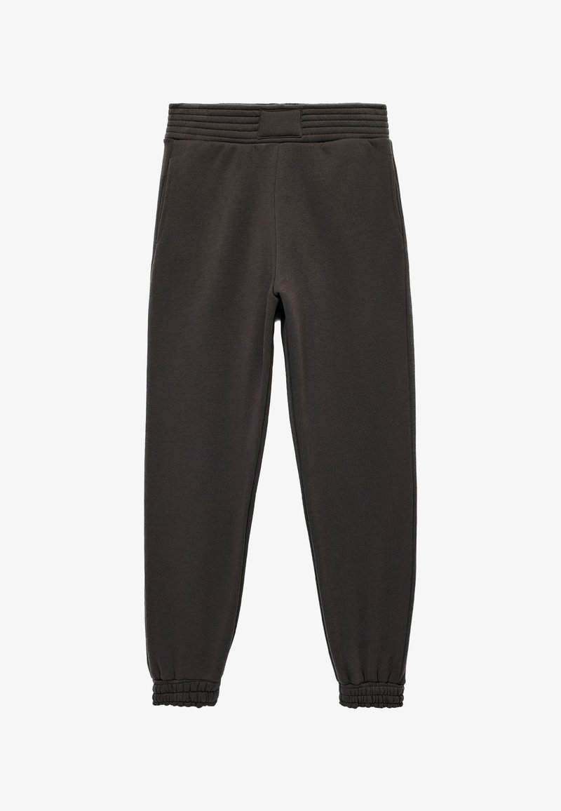 Mørkegrå, bomuldsblandede joggers med ribbet talje, elastiske manchetter og sidelommer. Glat overflade, tapered design.