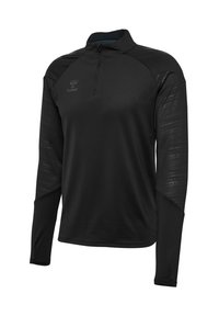 Zwart sportief shirt met lange mouwen, een kraag met een kwart ritssluiting en gestructureerde panelen op de mouwen, met een subtiel hummel-logo op de borst.
