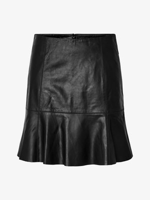 Black leather mini skirt with flared hem and visible stitching details, featuring a back zipper closure.