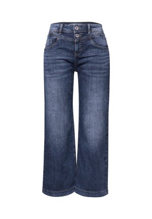 Jean denim bleu foncé à jambes larges et courtes, avec fermeture à double bouton et poches avant.