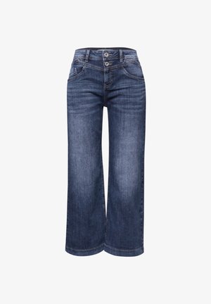 Dunkelblaue, verkürzte Wide-Leg-Jeans aus Denim mit doppeltem Knopfverschluss und Vorder taschen.