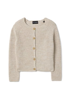 Cárdigan beige de punto con cuello redondo, cinco botones de madera en la parte delantera y mangas largas, con etiqueta "Les Copains" en el interior del cuello.