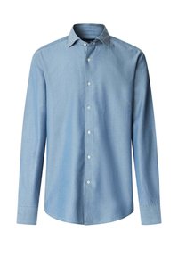 Camicia a maniche lunghe azzurro chiaro realizzata in tessuto morbido. Presenta un colletto con bottoni e un orlo dritto, con sei bottoni bianchi sulla parte frontale.