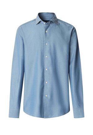 Light blue long-sleeve shirt made of soft fabric. Features a button-down collar and a straight hem, with six white buttons down the front.