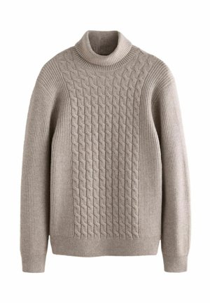 Beige Strickpullover mit hohem Kragen. Besitzt ein strukturiertes Muster auf der Vorderseite und Rippdetails an den Ärmeln und am Saum.