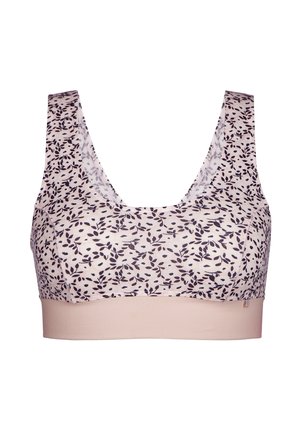 Draadloze bralette in lichtroze met donker bloemenpatroon; zachte stof, brede banden en een stevige band eronder in een contrasterende beige kleur.