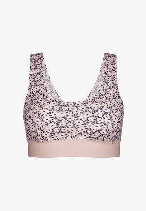 Draadloze bralette in lichtroze met donker bloemenpatroon; zachte stof, brede banden en een stevige band eronder in een contrasterende beige kleur.