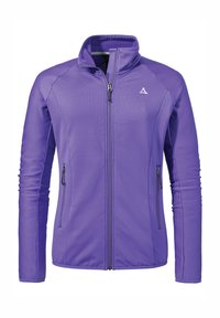 Lila Zip-Jacke mit gerippter Textur, hohem Kragen und zwei vorderen Reißverschlusstaschen. Mit kleinem Logo auf der linken Brust.