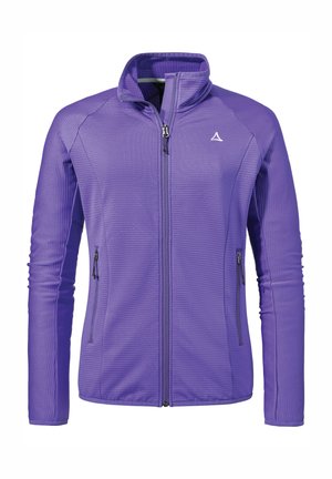 Lila Zip-Jacke mit gerippter Textur, hohem Kragen und zwei vorderen Reißverschlusstaschen. Mit kleinem Logo auf der linken Brust.