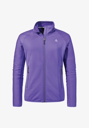Purple zip-up jacket with ribbed texture, high collar, and two front zip pockets. Features a small logo on the left chest area.