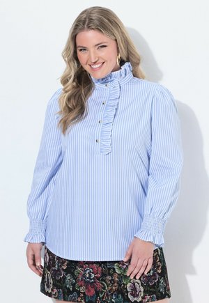 Ulla Popken, RUFFLED STAND-UP COLLAR LONG SLEEVE PINSTRIPE BLOUSE - Blouse - sky blue