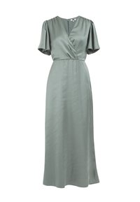 Long, sage green satin dress with short puff sleeves, a wrap design, and a subtle sheen. Features a back zipper and flowing silhouette.