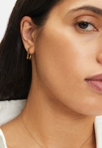 Guld geometriske øreringe på en models øre, med et rektangulært design og en poleret overflade. Den synlige del viser en skrå silhuet.