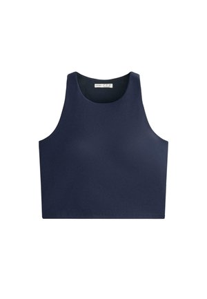 Navyblaues, verkürztes Tanktop aus glattem, dehnbaren Material. Verfügt über einen runden Halsausschnitt und weite Armlöcher für Komfort und Bewegungsfreiheit.