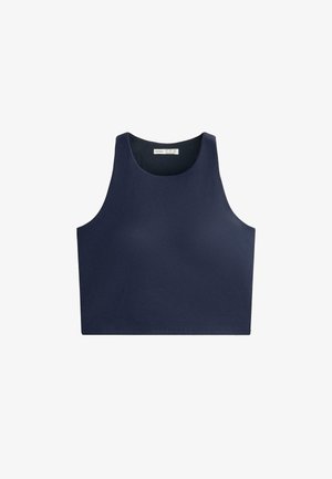 Navyblaues, verkürztes Tanktop aus glattem, dehnbaren Material. Verfügt über einen runden Halsausschnitt und weite Armlöcher für Komfort und Bewegungsfreiheit.