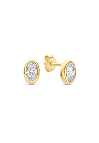 Boucles d'oreilles en or avec des pierres ovales transparentes, enchâssées dans un miroir d'or lisse. Fini poli avec un fermoir papillon sécurisé.
