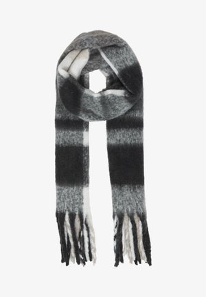 Wełniany szalik w szaro-czarne paski, z frędzlami na końcach i miękkim, teksturowanym wykończeniem. Widoczny gradient kolorów w designie.