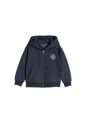 Marineblauer Kinder-Zip-Hoodie mit Fronttaschen und „Lobster Club“-Logo auf der linken Brustseite. Kapuze mit gerippten Bündchen und Saum.