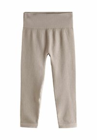 Leggings côtelés en beige clair avec une taille large et des jambes fuselées, fabriqués à partir d'un tissu doux et extensible. Finition sans couture à la cheville.