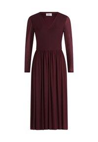 Burgunderfarbenes langärmliges Kleid mit tiefem V-Ausschnitt, tailliertem Oberteil und gerafftem Taillenbund für einen fließenden Rock. Aus weichem, glattem Stoff gefertigt.