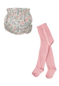 Braguitas de bebé con estampado floral en crema, verde y rosa; junto con medias de algodón rosa sólido con textura acanalada y diseño sin costuras.