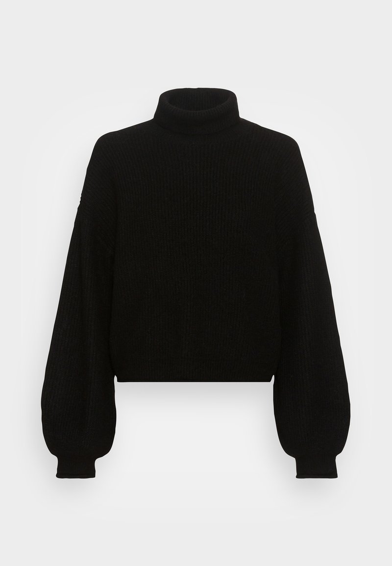 Pull à col roulé noir court en tissu côtelé, avec des manches amples et une taille ajustée, au toucher lisse.