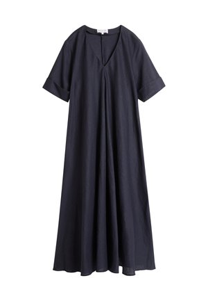 Mørkeblå, kortermet kjole laget av teksturert stoff med V-hals og løs passform, med rullede ermer og flytende A-linjeform.
