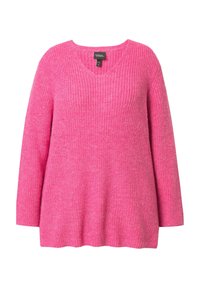 Rosa gestrickter Pullover mit V-Ausschnitt, langen Ärmeln und lockerem Schnitt. Der Stoff hat eine dezente Struktur mit leicht schimmernden Akzenten.