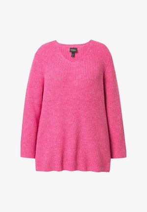 Suéter de punto rosa con escote en V, mangas largas y ajuste holgado. La tela tiene una textura sutil con ligeros toques de brillo.