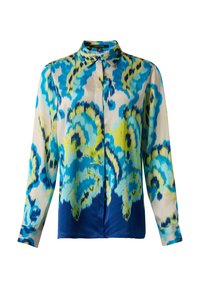 Blouse met lange mouwen van een zijdeachtige stof met een veelkleurig abstract patroon in blauwe, groene en gele tinten. Klassieke kraag en knoopsluiting aan de voorkant.