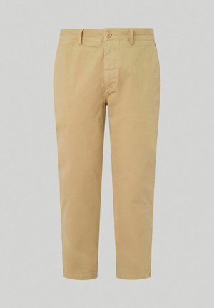 Khaki chinos se rovnými nohavicemi, s předním zapínáním na knoflík, poutky na opasek a hladkým bavlněným materiálem. Zkrácená délka.