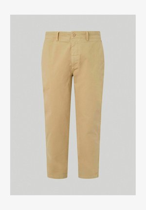 Khaki chinos met een rechte pijp, voorzien van een sluiting met een knoop aan de voorkant, riemlussen en een zachte katoenen stof. Verkorte lengte.