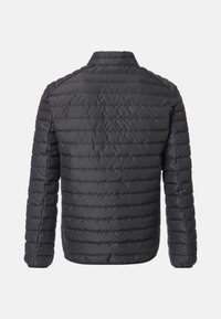 Giacca nera imbottita con motivo a trapuntatura orizzontale, maniche lunghe e colletto. Materiale sintetico liscio, design leggero.