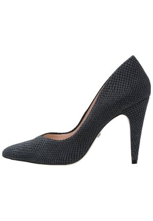 Eleganter High-Heel-Schuh aus dunklem strukturiertem Material, mit spitzer Zehenpartie und schlankem Stiletto-Absatz, und einer glatten Innenauskleidung.