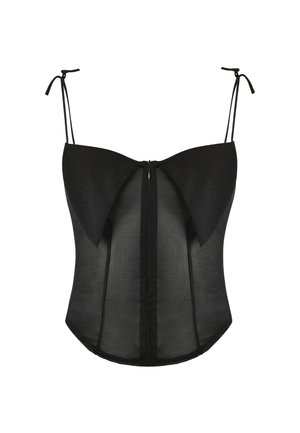 Haut noir transparent style corset avec bonnets structurés, fermeture éclair frontale et fines bretelles réglables nouées en nœuds.