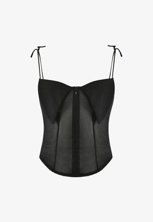 Haut noir transparent style corset avec bonnets structurés, fermeture éclair frontale et fines bretelles réglables nouées en nœuds.