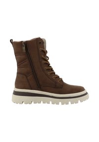 Stivale marrone con lacci e zip laterale, rivestimento in pelliccia sintetica, suola in gomma e parte superiore testurizzata. Il design presenta dettagli a pannello e cuciture a contrasto.