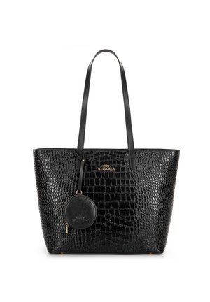 Borsa tote in pelle sintetica nera a forma di croco con due manici lunghi e una pochette rotonda per monete staccabile; presenta dettagli del logo in tonalità oro.