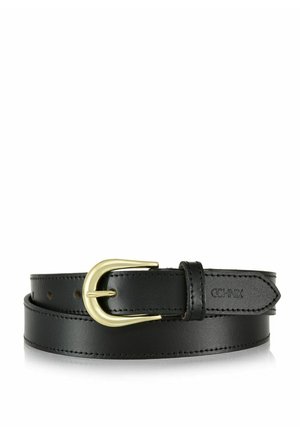 Czarny skórzany pasek z złotą metalową klamrą, obszyty na brzegach i z wytłoczonym nazwą marki w pobliżu końcówki, leżący płasko na białym tle.